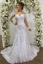 Beautiful Off-the-Shoulder Mermaid Tulle Wedding Dress with Sleeves and Lace BM bride