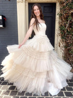 Elegant A-Line Strapless Tulle Long Prom Dress with Tiered Ruffles BM bride