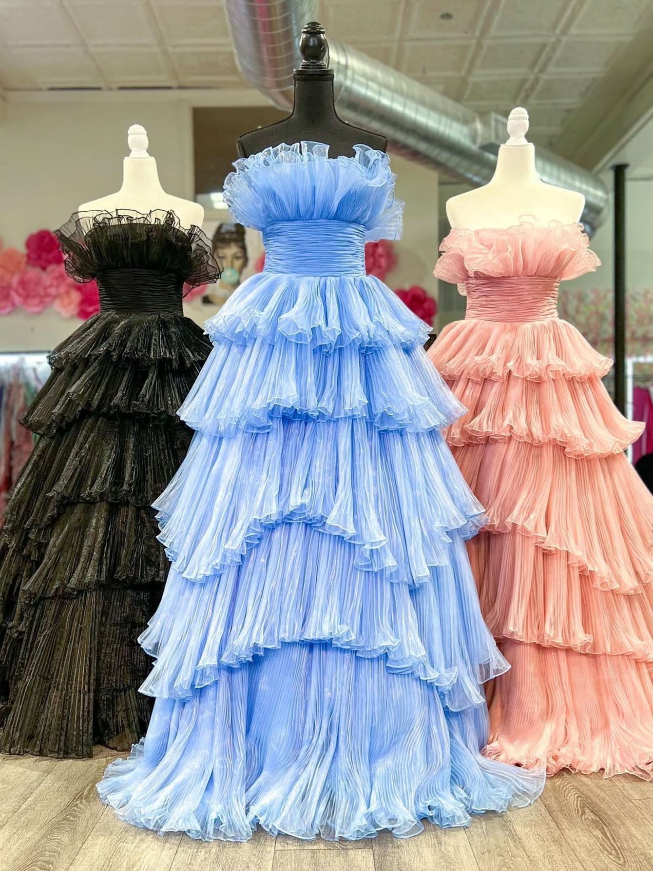 Charming Strapless A-Line Tiered Crinkled Tulle Prom Dress BM bride