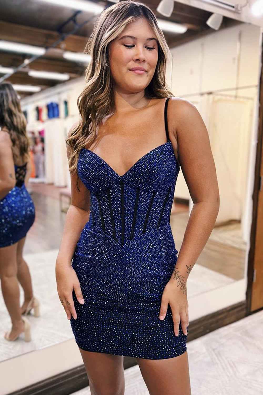 Sparkly Navy Beaded Lace-Up Back Corset Tight Short Homecoming Dress