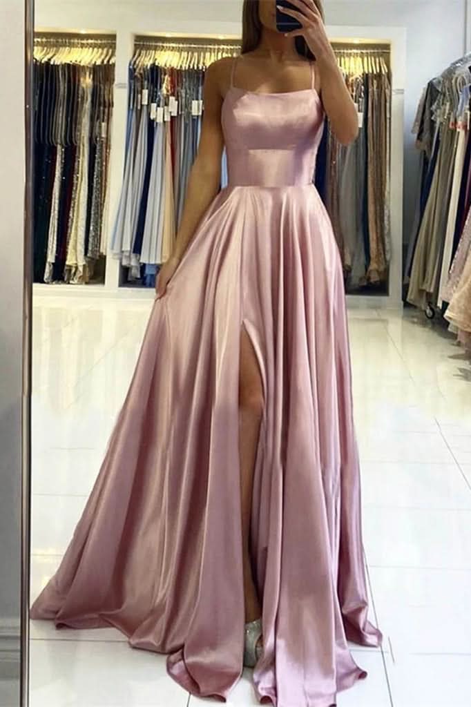 Spaghetti-Straps Pink Prom Dress with Slit BM bride