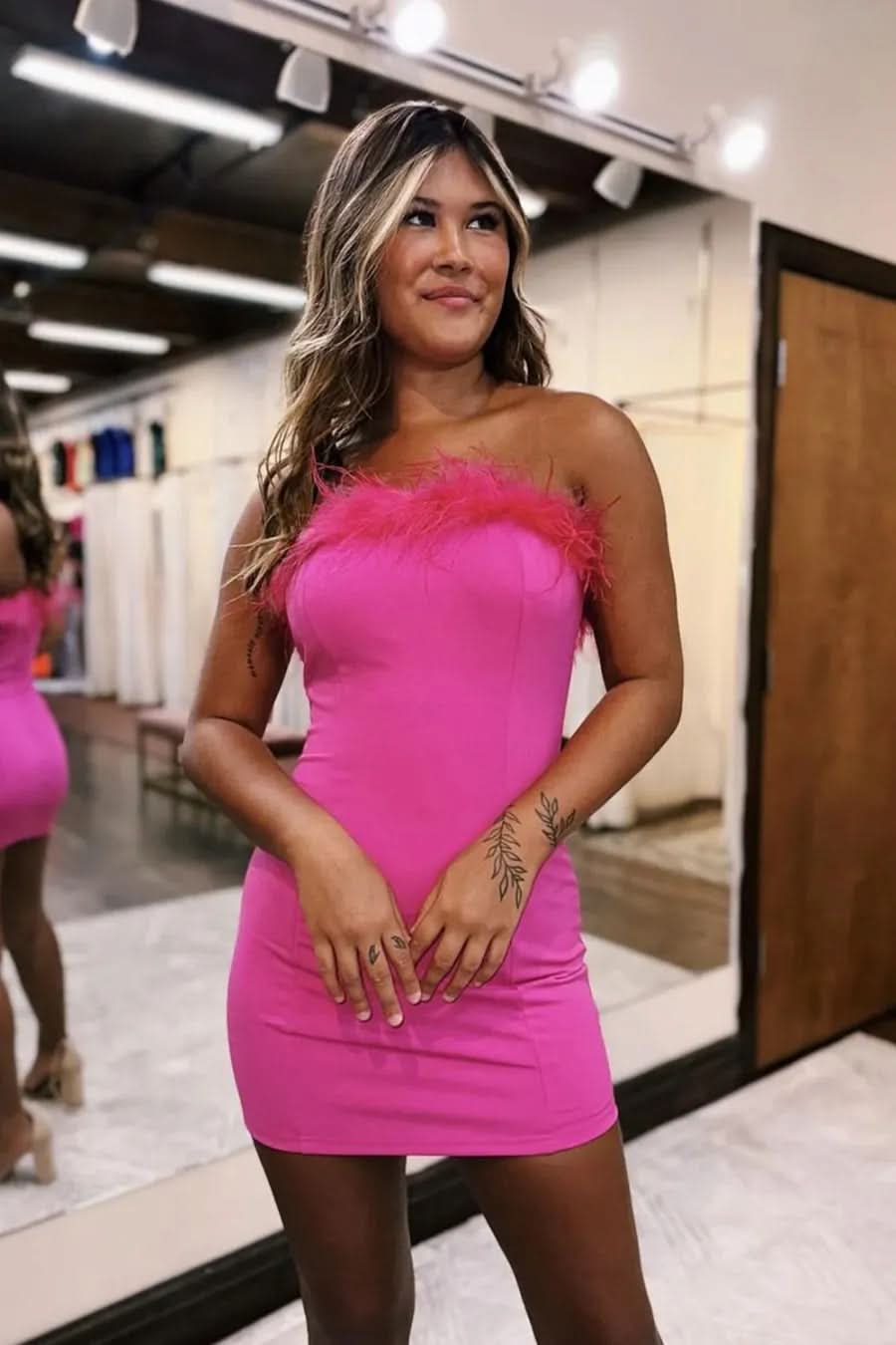 White Strapless Feather Bodycon Short Party Dress BM bride