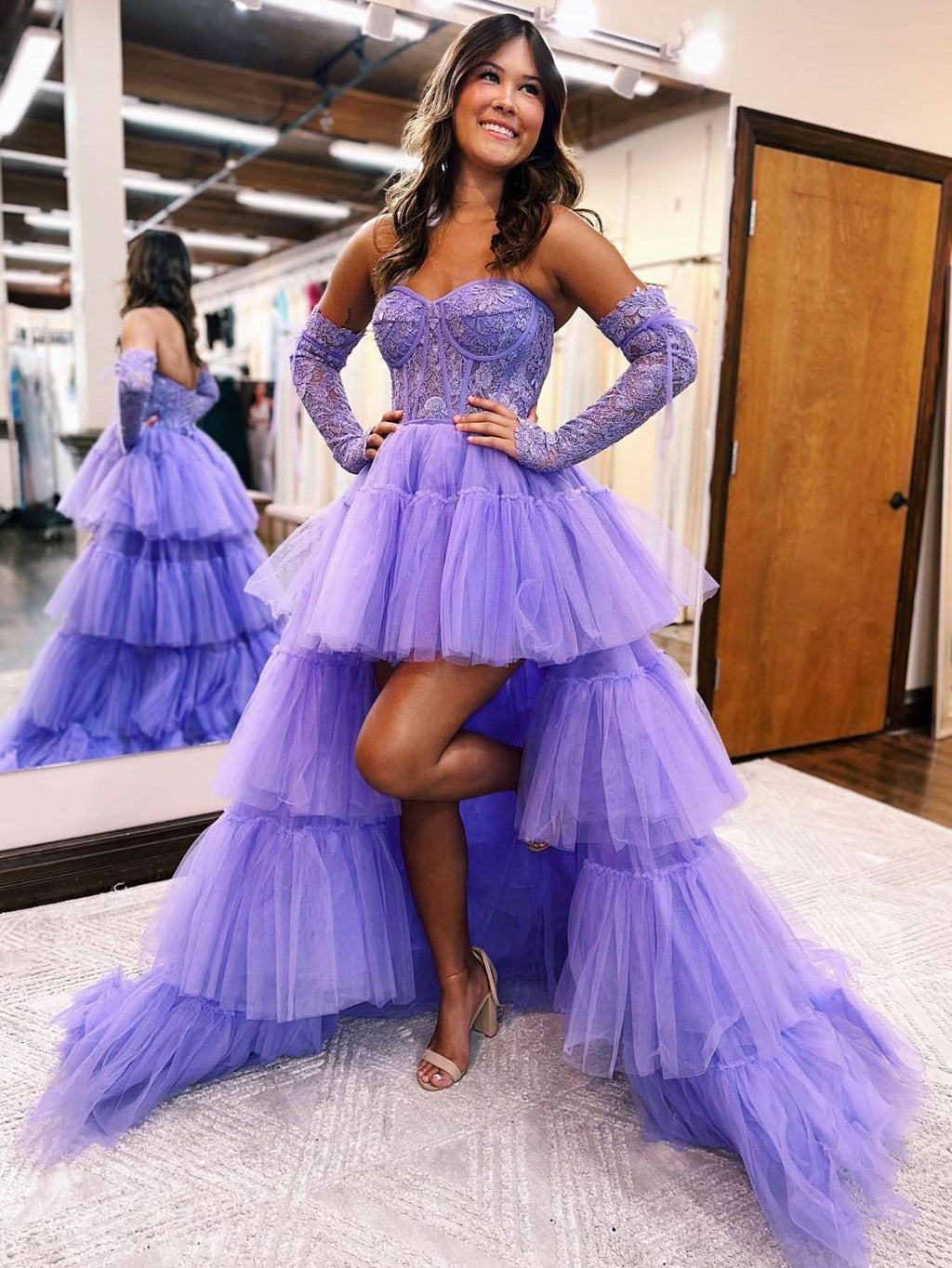 Charming A-Line Asymmetrical Strapless Tiered Tulle Prom Dress BM bride