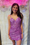 Sparkly Orchid Sequins Corset Tight Short Homecoming Dress Bmbride