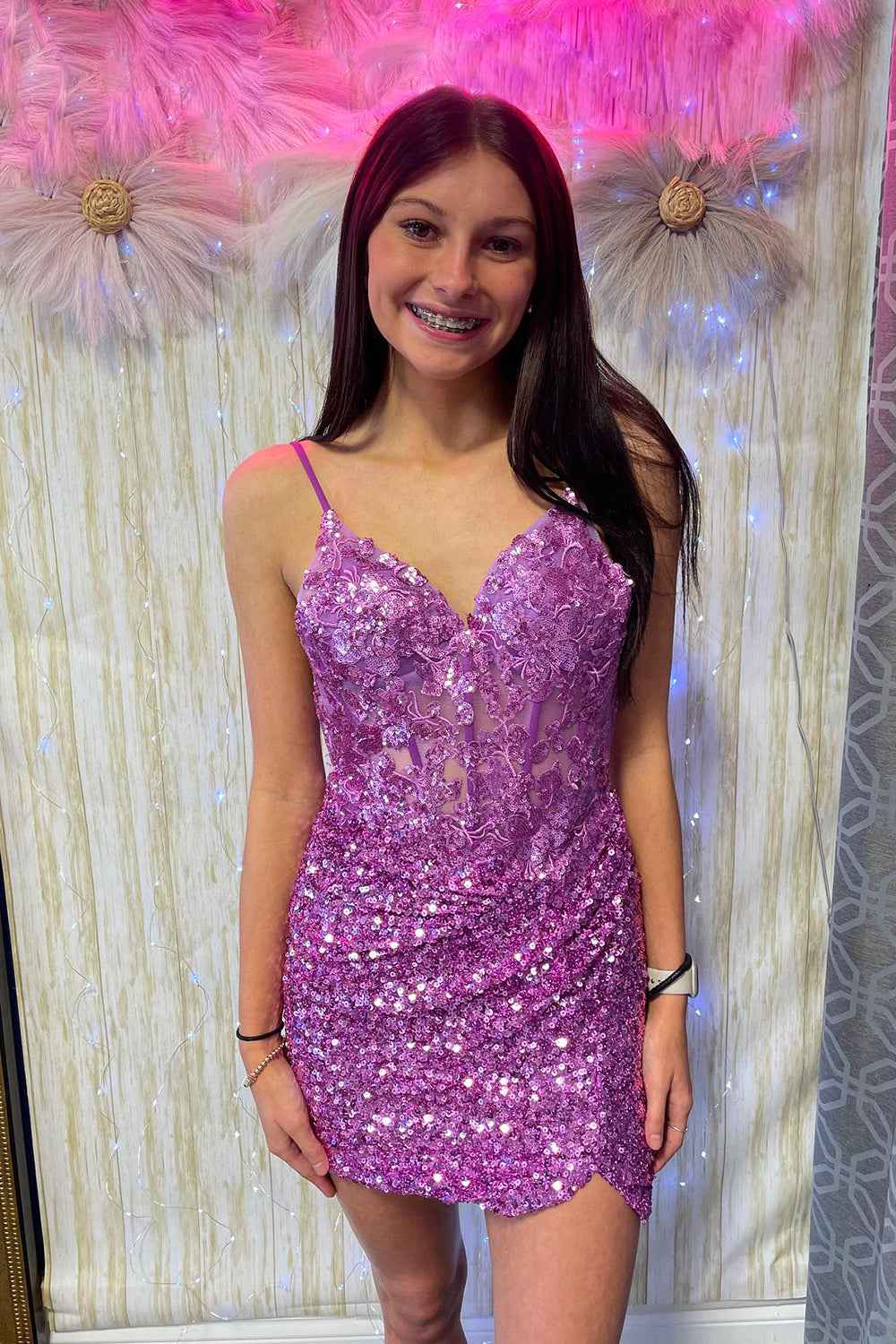 Sparkly Orchid Sequins Corset Tight Short Homecoming Dress Bmbride
