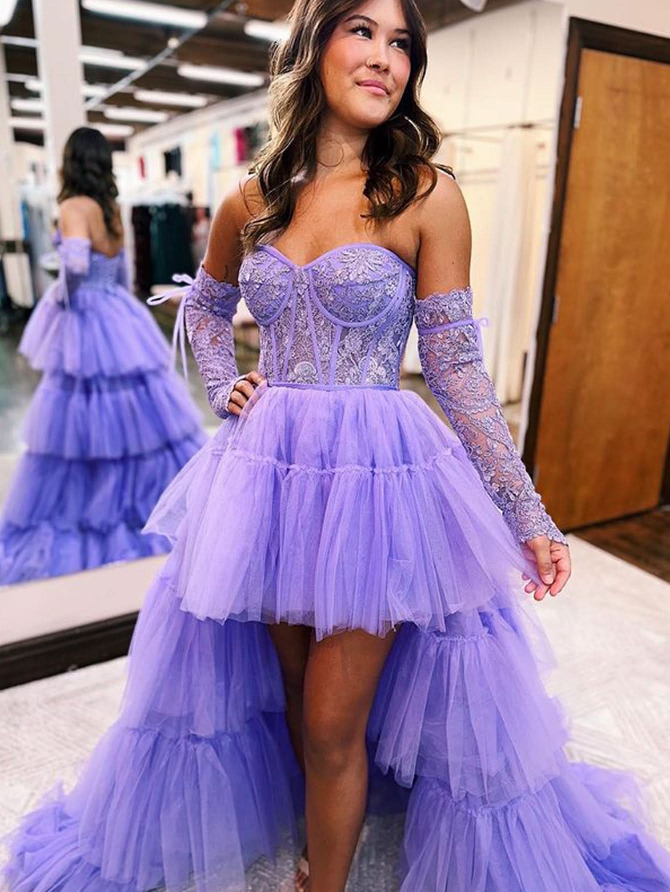 Charming A-Line Asymmetrical Strapless Tiered Tulle Prom Dress BM bride