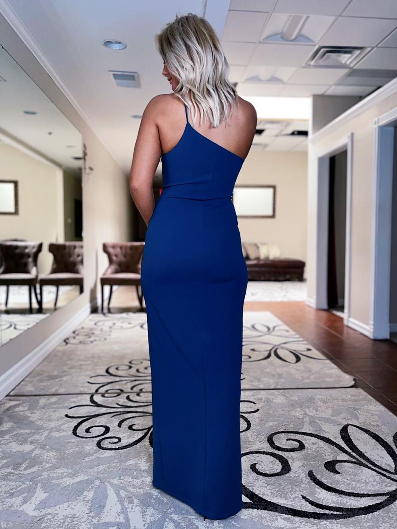 Stunning One Shoulder Long Royal Blue Backless Dress with Slit BM bride