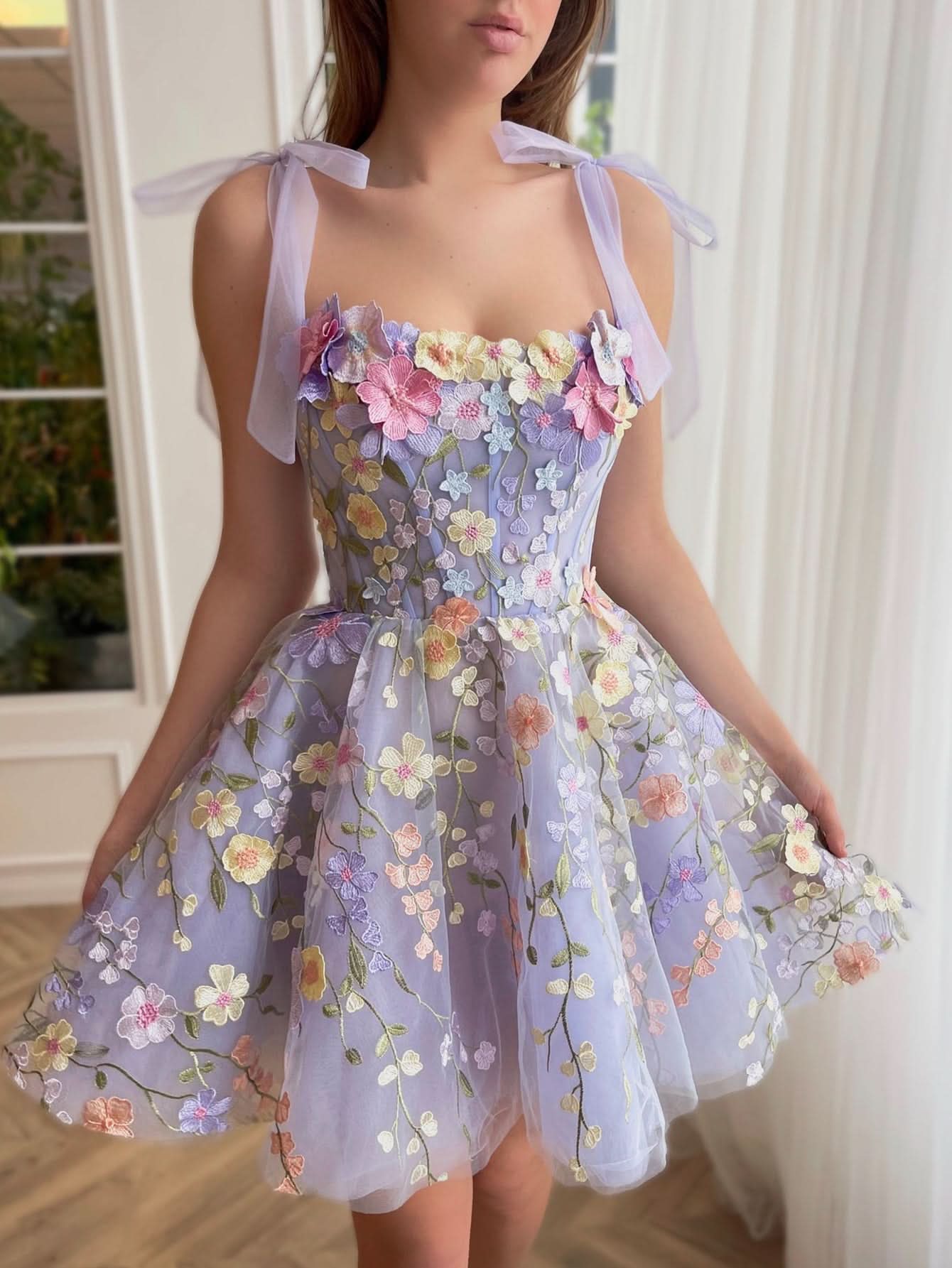 Lovely A-Line Lilac Short Homecoming Dress Adorned with 3D Flowers BM bride