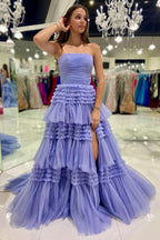 Elegant A-Line Strapless Tulle Long Prom Dress with Tiered Ruffles BM bride