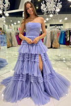 Elegant A-Line Strapless Tulle Long Prom Dress with Tiered Ruffles BM bride