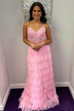 Beautiful Dark Green A-Line Tiered Tulle Long Prom Dress with Lace BM bride