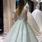 Unique A-Line V-neck Wedding Dress With Appliques Lace Tulle Puffy Long Sleeves BM bride