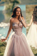 Glamorous Pink Tulle Strapless Sleeveless Mermaid Prom Dress with Beadings