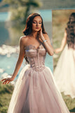 Charming Silver Off-the-Shoulder Sleeveless Long Evening Dress with Appliqued Tulle BM bride