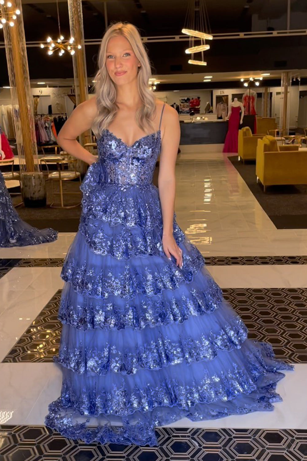 Lovely A-Line Spaghetti Straps Tiered Lace Prom Dress BM bride