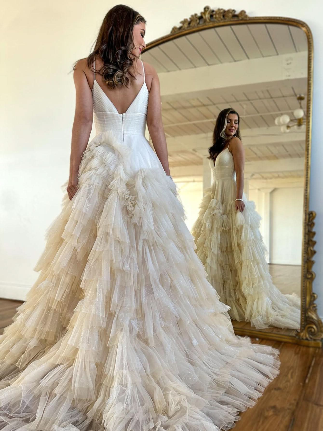 Charming A-Line Spaghetti Straps Tiered Tulle Prom Dress BM bride