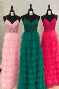 Beautiful Dark Green A-Line Tiered Tulle Long Prom Dress with Lace BM bride