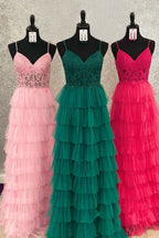 Beautiful Dark Green A-Line Tiered Tulle Long Prom Dress with Lace BM bride