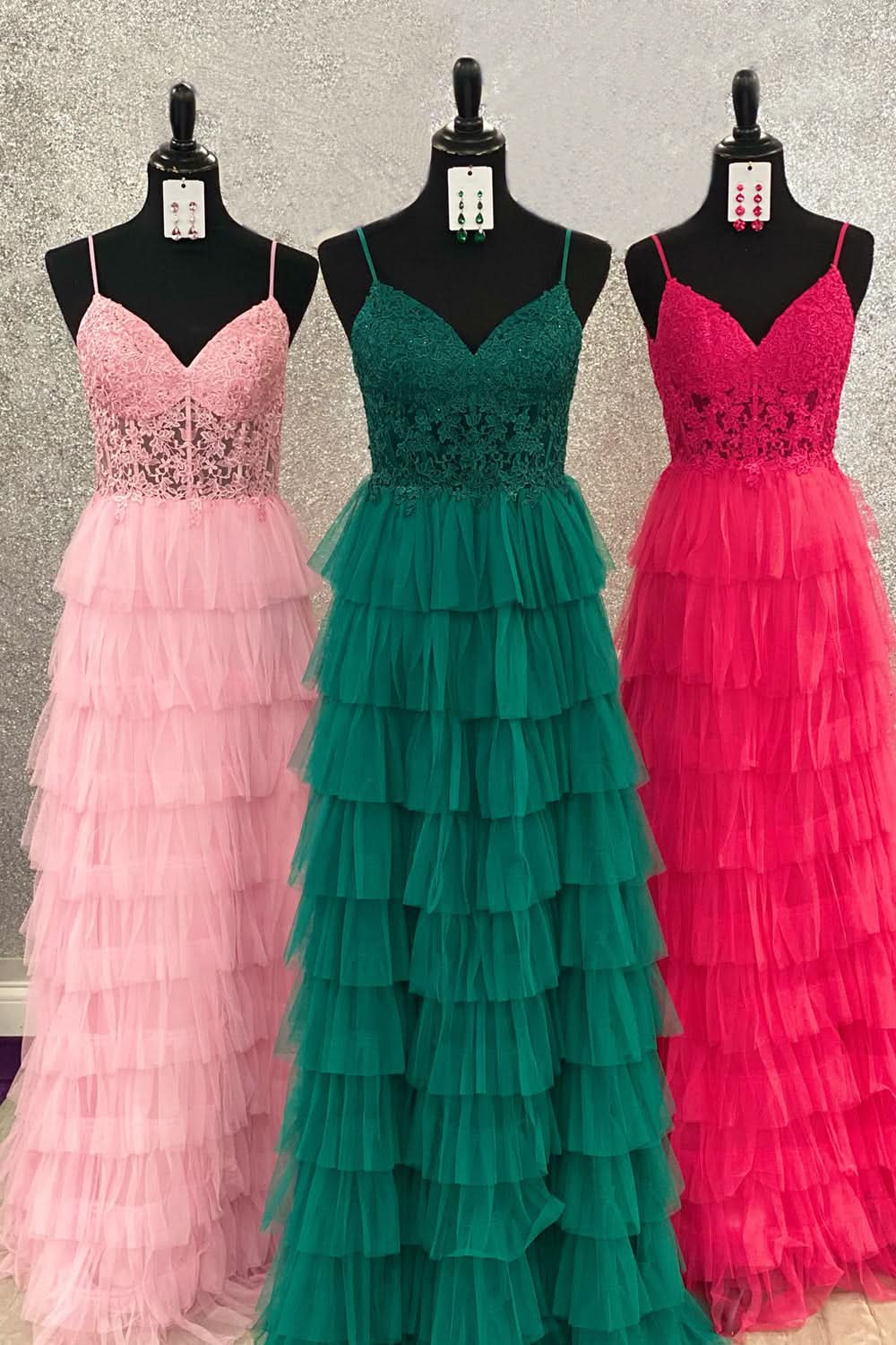 Beautiful Dark Green A-Line Tiered Tulle Long Prom Dress with Lace BM bride