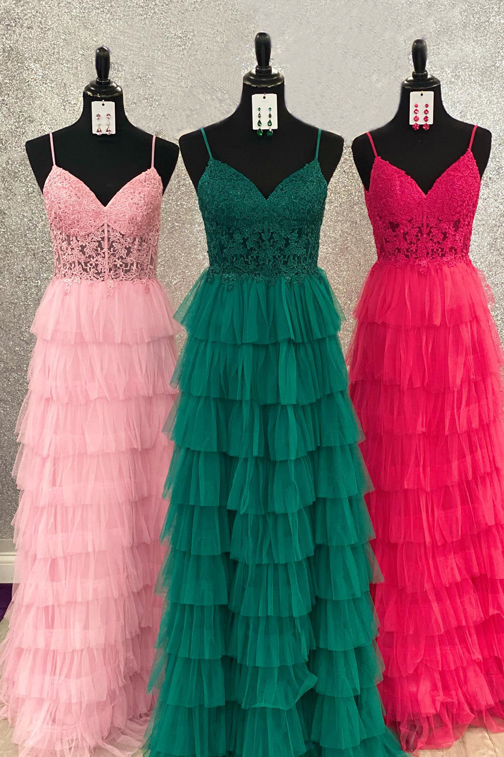 Beautiful Dark Green A-Line Tiered Tulle Long Prom Dress with Lace BM bride