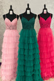Beautiful Dark Green A-Line Tiered Tulle Long Prom Dress with Lace BM bride