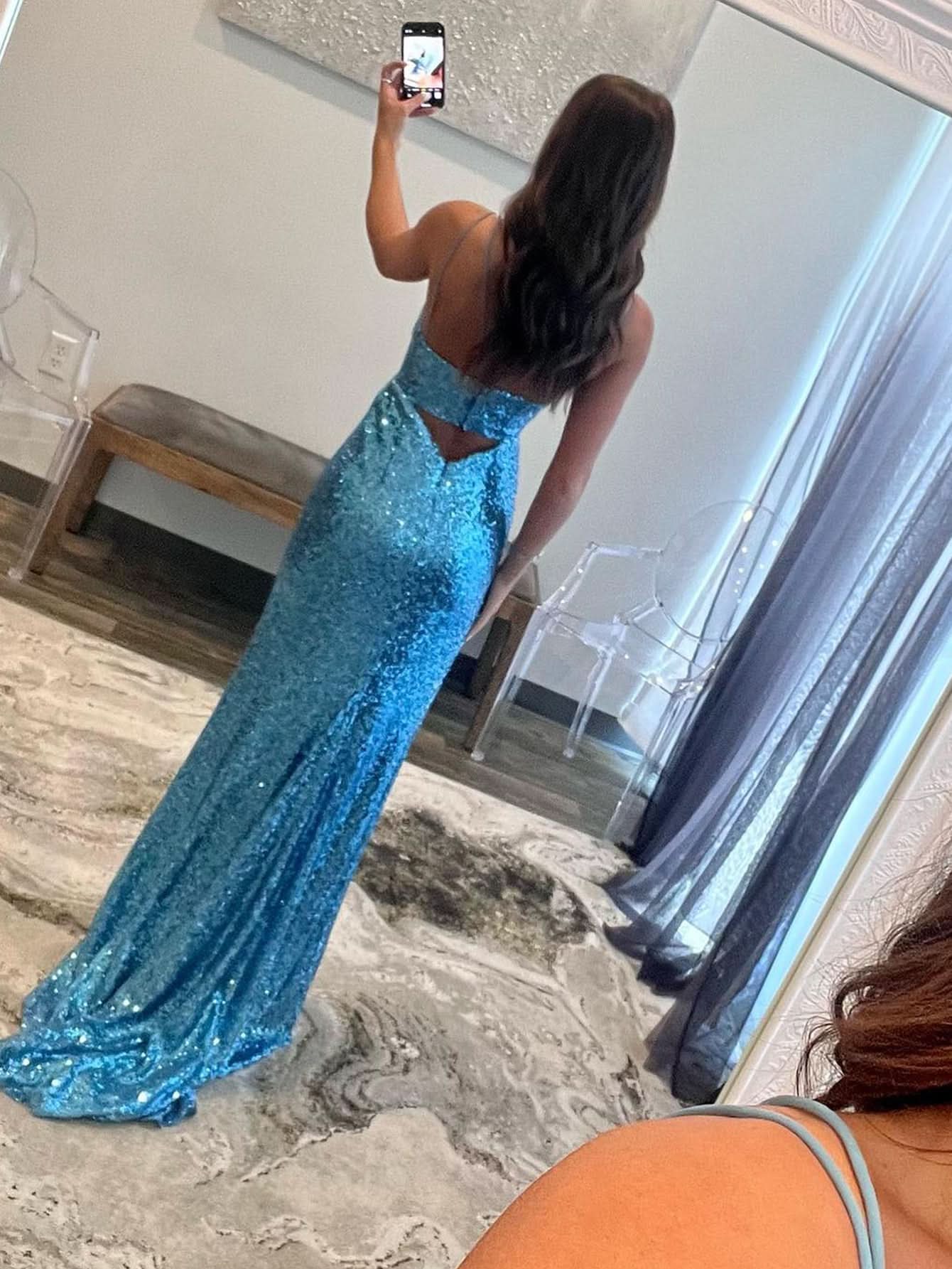 Dazzling Mermaid V Neck Cutout Blue Long Prom Dress BM bride