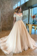 A-Line Sweetheart Off-the-Shoulder Backless Wedding Dress with Tulle and Lace Appliques BM bride
