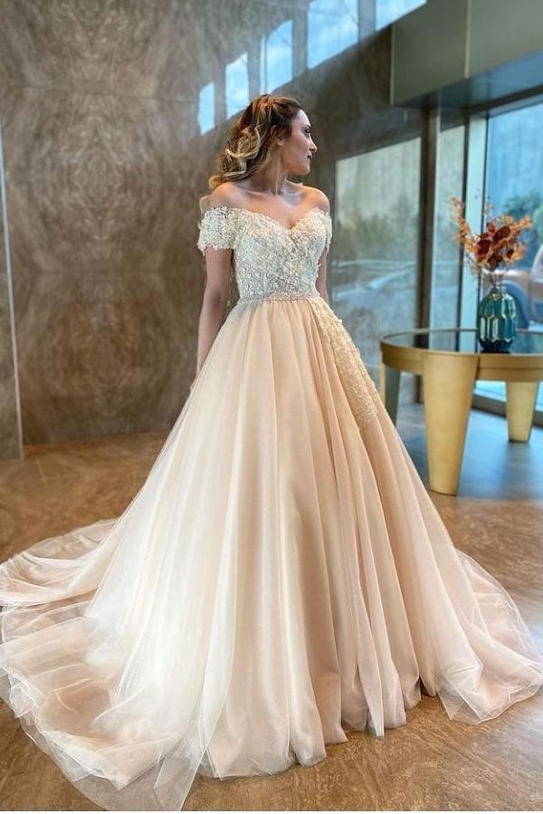 A-Line Sweetheart Off-the-Shoulder Backless Wedding Dress with Tulle and Lace Appliques BM bride