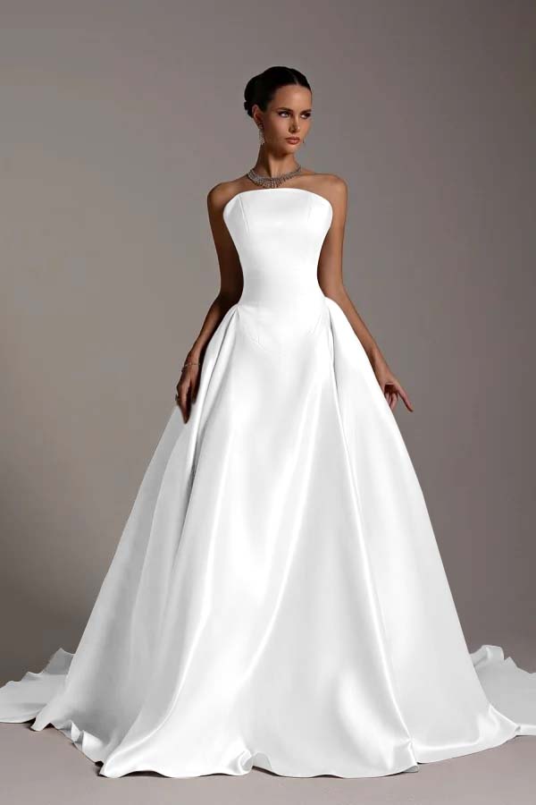Chic Strapless Sleeveless A Line Long Prom Dress With Pleated BMBRIDE