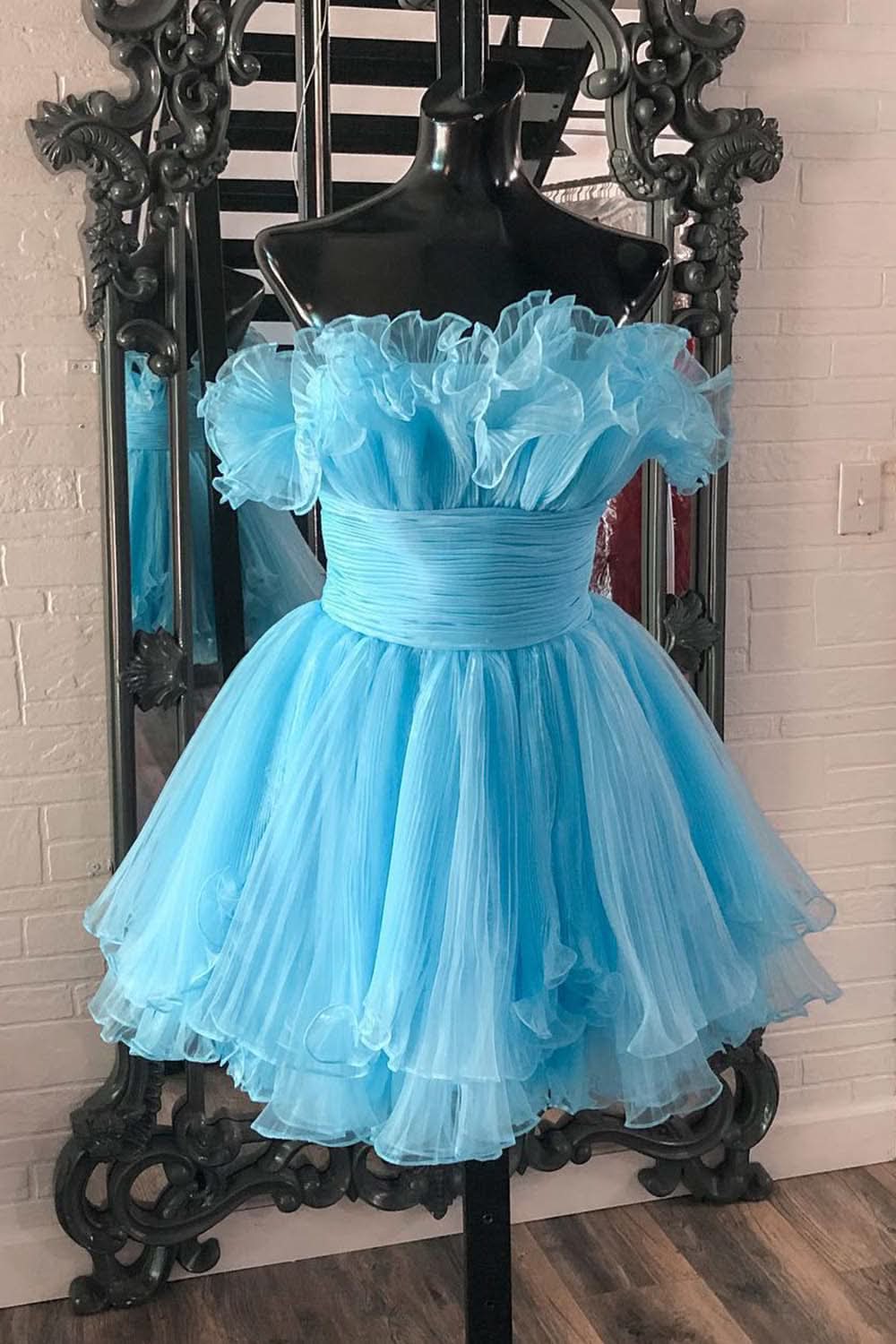 Sweet Blue A-Line Strapless Ruffled Short Homecoming Dress BM bride