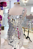 Chic Sparkly Silver Scoop Neck Mirror Tight Short Homecoming Dress BM bride
