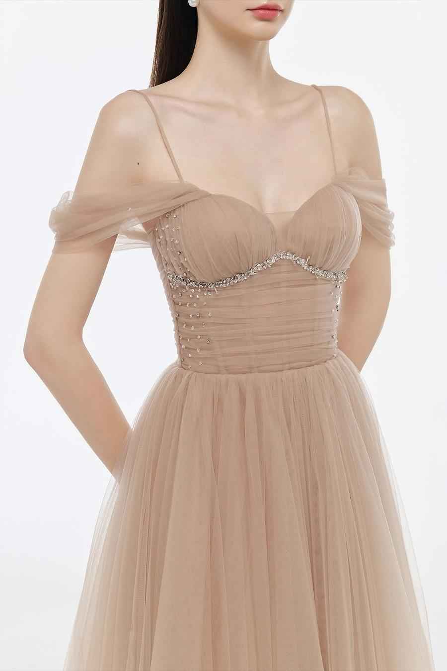 Off the Shoulder Spaghetti Strap Sleeveless Long Prom Dress With Beading