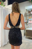 Sophisticated Sheath V Neck Black Sequined Homecoming Dress BM bride