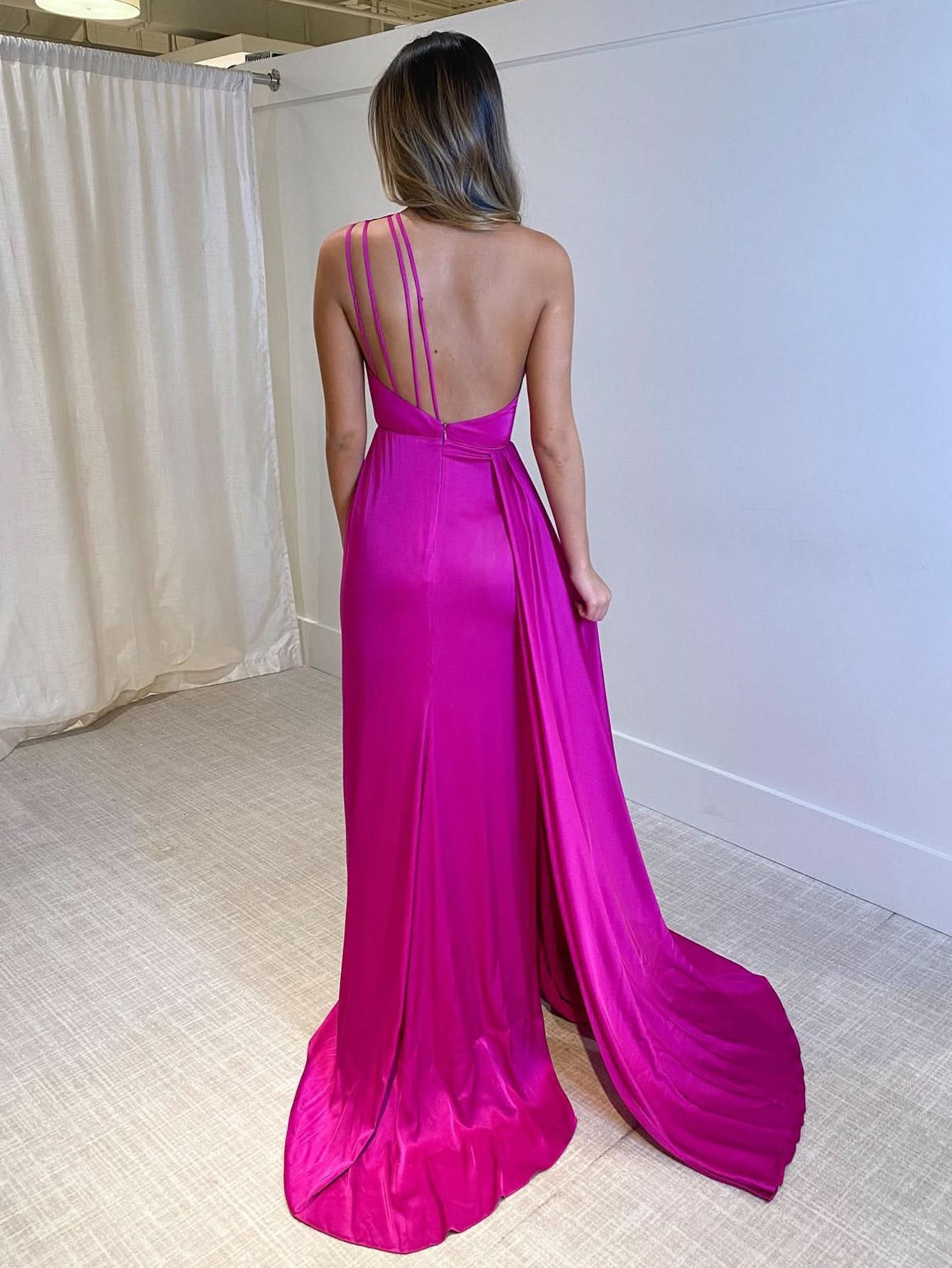 Gorgeous Hot Pink V-Neck Ruffle Tiered Long Prom Dress with Beaded Waist BM bride