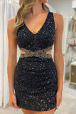 Sophisticated Sheath V Neck Black Sequined Homecoming Dress BM bride