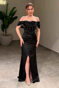 Off the Shoulder Sleeveless Long Split Prom Dress With Beading