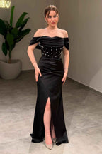 Off the Shoulder Sleeveless Long Split Prom Dress With Beading