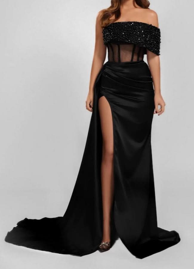 Glamorous Black Strapless Sequin Mermaid Prom Dress BM bride