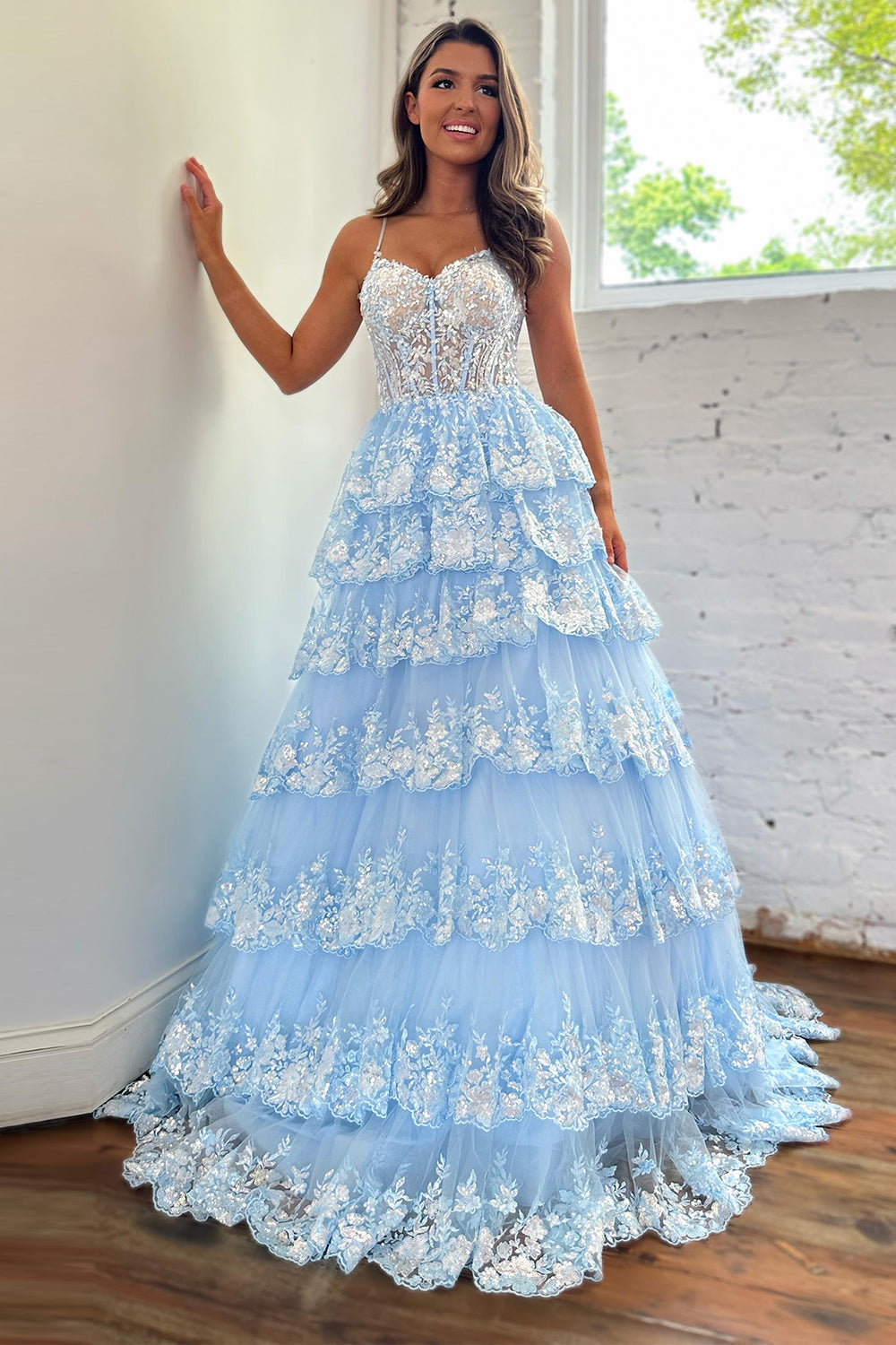 Lovely A-Line Spaghetti Straps Tiered Lace Prom Dress BM bride