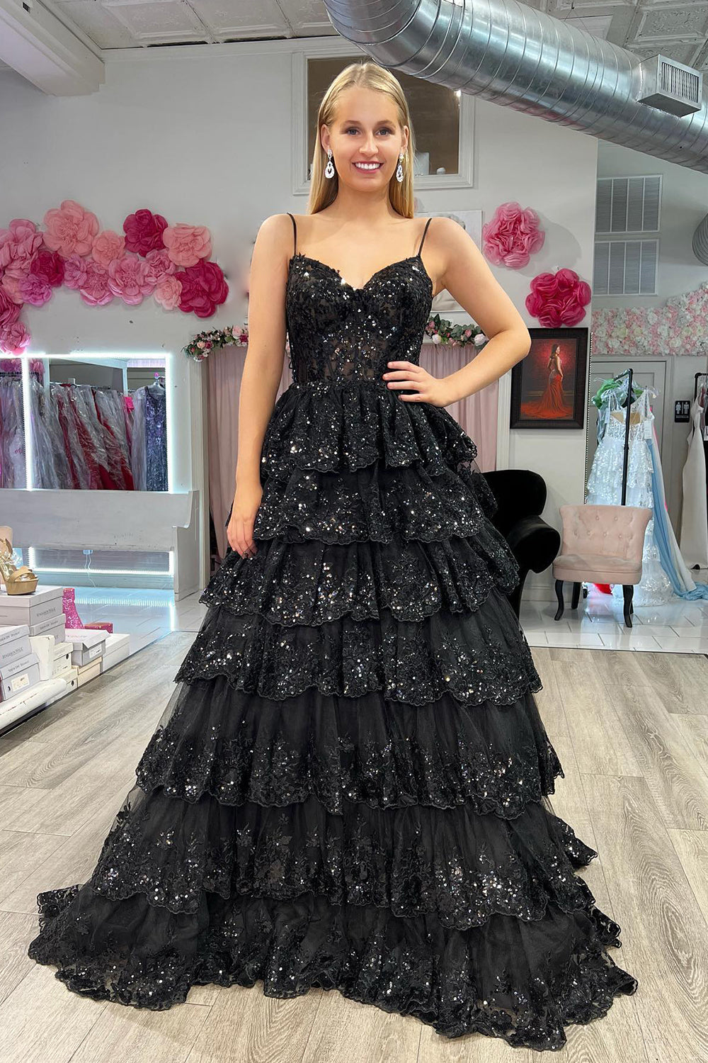 Lovely A-Line Spaghetti Straps Tiered Lace Prom Dress BM bride