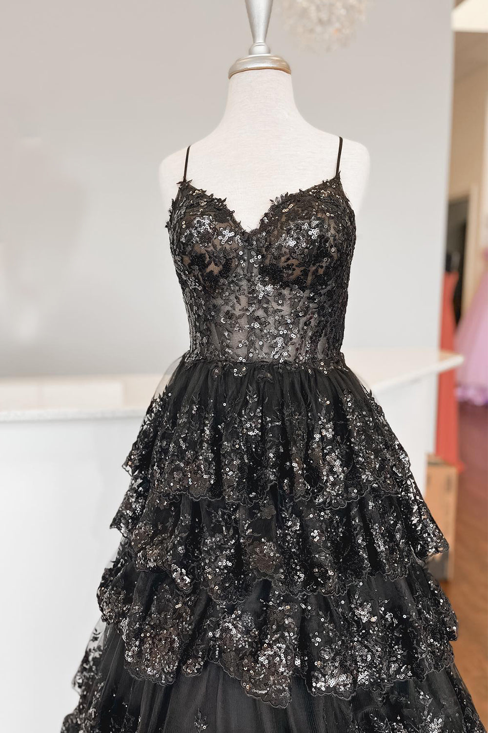 Lovely A-Line Spaghetti Straps Tiered Lace Prom Dress BM bride