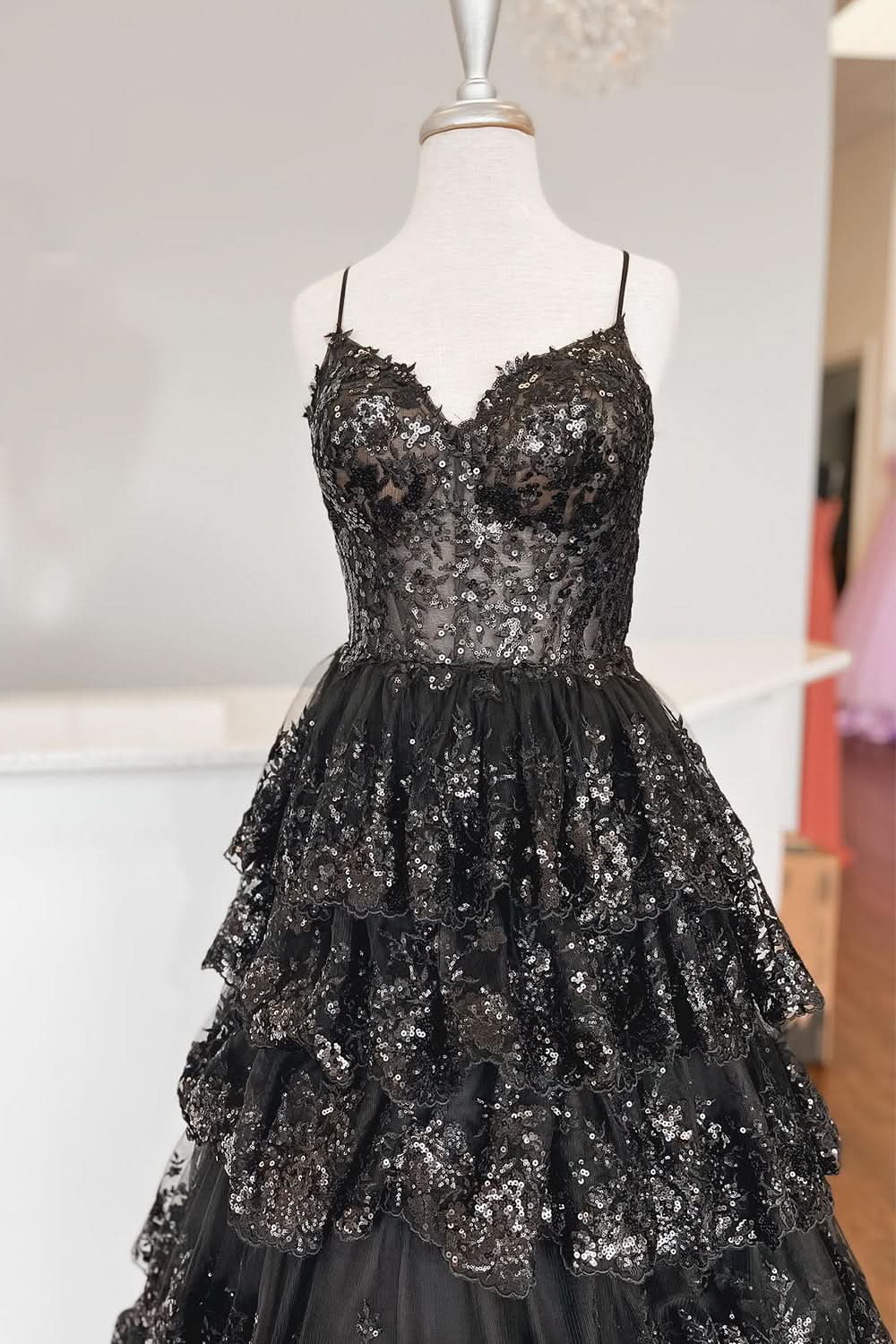 Lovely A-Line Spaghetti Straps Tiered Lace Prom Dress BM bride