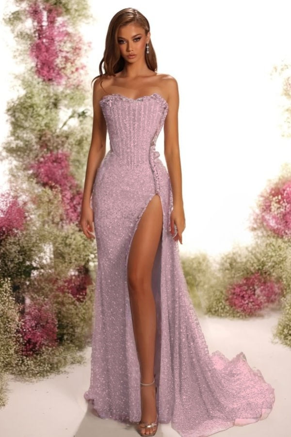 Strapless Sleeveless Long Split Prom Dress With Pleated Sequins BMBRIDE