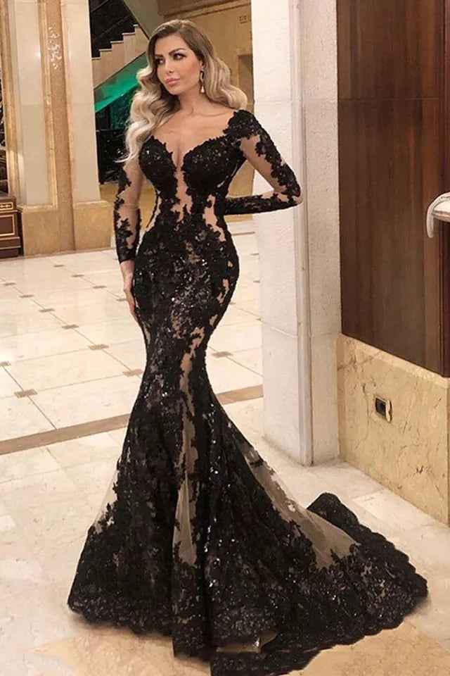 Charming Long Sleeves V Neck Long Mermaid Prom Dress With Appliques