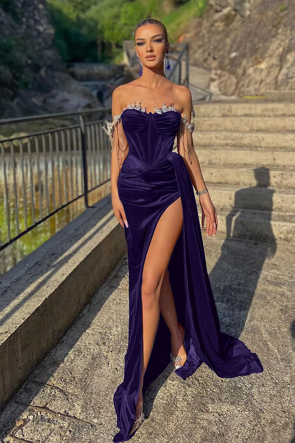 Velvet Off-the-Shoulder Beads Split Mermaid Prom Dress with Ruffles BM bride