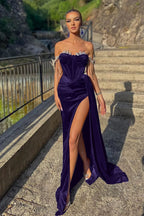 Velvet Off-the-Shoulder Beads Split Mermaid Prom Dress with Ruffles BM bride