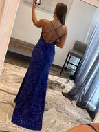 Gorgeous Mermaid V Neck Glitter Jersey Long Prom Dress with a Stylish Slit BM bride