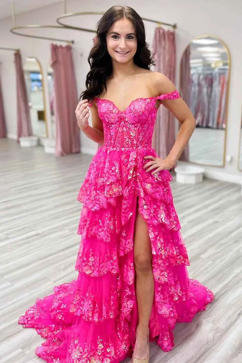 Fuchsia Princess Off the Shoulder Long Tiered Corset Prom Dress with Sequins