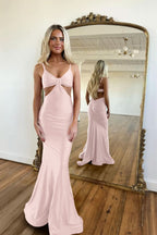Simple Red Spaghetti Strap Long Mermaid Prom Dress with Taping Detail BM bride