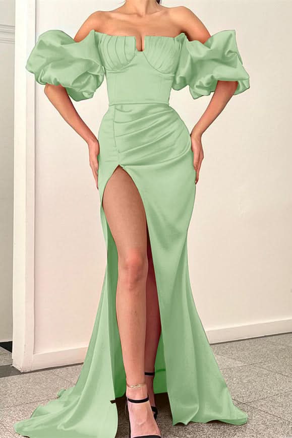 Fuchsia Strapless Off-the-Shoulder Puff Sleeve Mermaid Evening Dress with Split BM bride